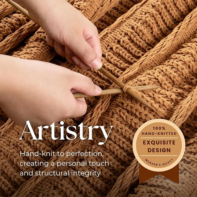Boho Knitted Chenille Blanket with Tassels - Lightweight & Soft All-Season Throw - 3D Classic Pattern for Living Room Bedroom Couch, Amber Brown, Twin 60"x80"