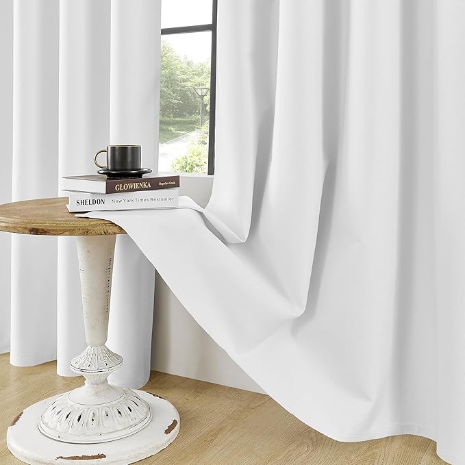 ChrisDowa 100% Blackout Pure White Solid Curtains 120 Inches Long 2 Panels for Bedroom Living Room,Farmhouse Room Darkening Thermal Insulated Soundproof Grommet Top Window Treatment Drapes,52x120