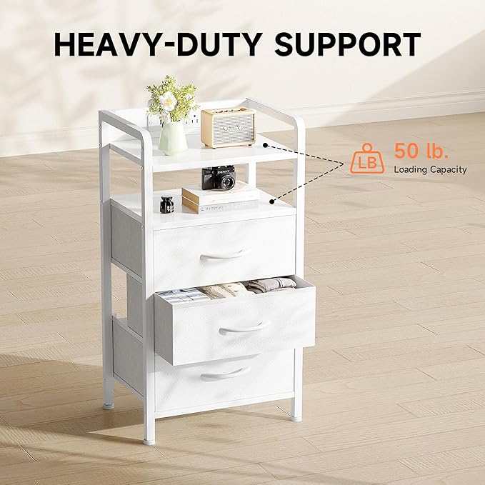 Night Stand Bedside Charger Bedroom - Nightstand with Charging Station, Bed Side Table with LED Light Strip, End Table with U-S-B Ports & AC Outlets, Storage Shelf & 3 Fabric Drawers, White