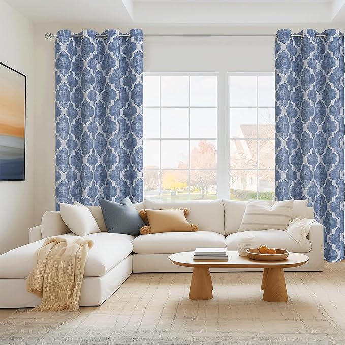 Beauoop 100% Blackout Curtains 54 Inches Long 2 Panels for Bedroom Living Room Blue Moroccan Geo Room Darkening Thermal Insulated Soundproof Grommet Top Window Treatments Drapes, 50x54 Set of 2