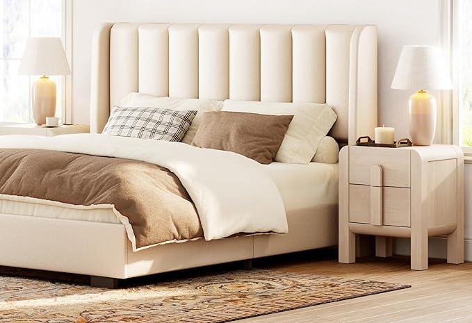 WAMPAT 23.7" Tall Modern Nightstand with Charging Station,Wood Bedside Table w/2 Storage Drawers,Curved Profile Design,Sofa Side Table End Table for Bedroom, Living Room, Beige