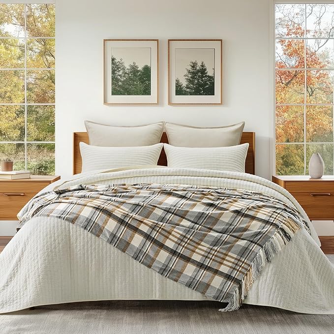 EVERGRACE Plaid Chenille Throw Blanket for Couch, Super Soft Cozy Decorative Farmhouse Plaid Throw with Tassels, Lightweight Chenille Knit Throw for Bed Sofa Gift Home Decor, Grey & Beige 50"x60"