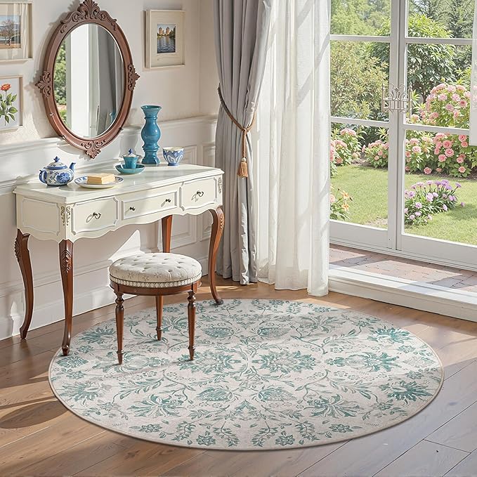 jinchan Torino Classic Floral Round Rug 4ft Vintage-Inspired Design 4’Circle Rug, Machine Washable Ultra-Thin Low-Pile Non-Slip Indoor Carpet for Bedroom Dining Room Living Room Entryway