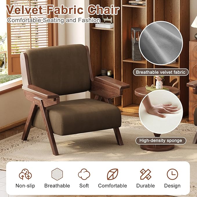 Mid Century Modern Accent Chair, Fabric Upholstered Lounge Arm Chair with Solid Wood Frame for Living Room, Bedroom, Office, Reading Corner (Coffee, Set of 2)