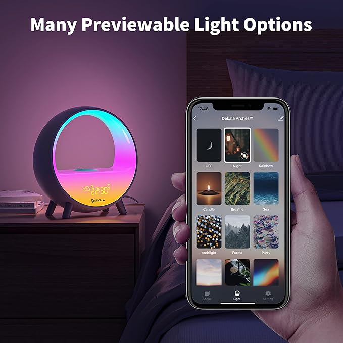 Dekala Arches Gradual Sunrise Alarm Clock with Wireless Charging, Sunset White Noise Sound Machine Loud Sunsire Alarm Clock for Heavy Sleepers Smart Ambient Lamp Sunrise App/Touch Control