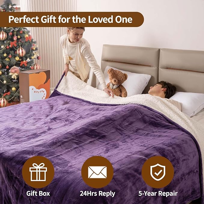 Bearhug Electric Blanket Twin Size 62" x 84", Velvet & Sherpa Purple Heated Blanket, 10 Heating Levels & 0.5-12H Auto Off, Over-Heat Protect, ETL Certification, Machine Washable, Gift Box