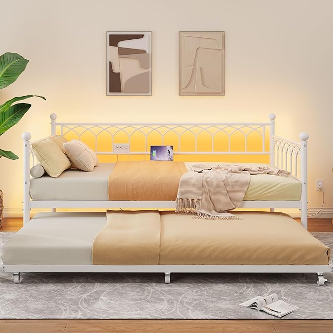 GarveeHome Daybed with Trundle, Metal Twin Trundle Bed with Charging Station & LED Lights, Sofa Beds Frame with Pull Out Bed for Living Room, Guest Room, Apartment, Small Spaces, White