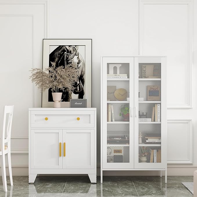 COFaR Modern Mesh Storage Cabinet, Free Standing Tall Pantry, Cupboard Metal Display Cabinet for Living Room, Kitchen, Dining Room