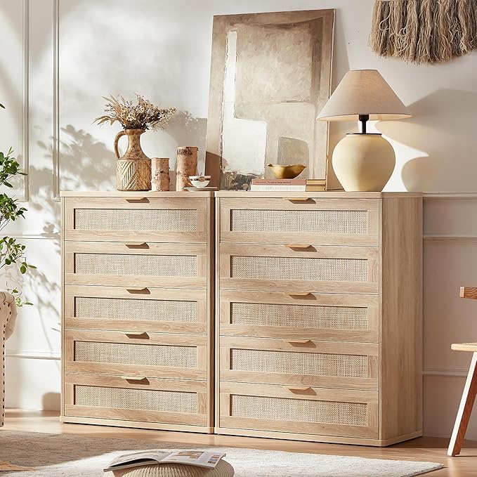 LEYAOYAO Rattan Dresser and Nightstand Sets 3, Boho Wood Dresser for Bedroom with 6 Drawers and Night Stand with 3 Drawer, Bedroom Furniture, Dressers & Chests of Drawers, Living Room, Hallway