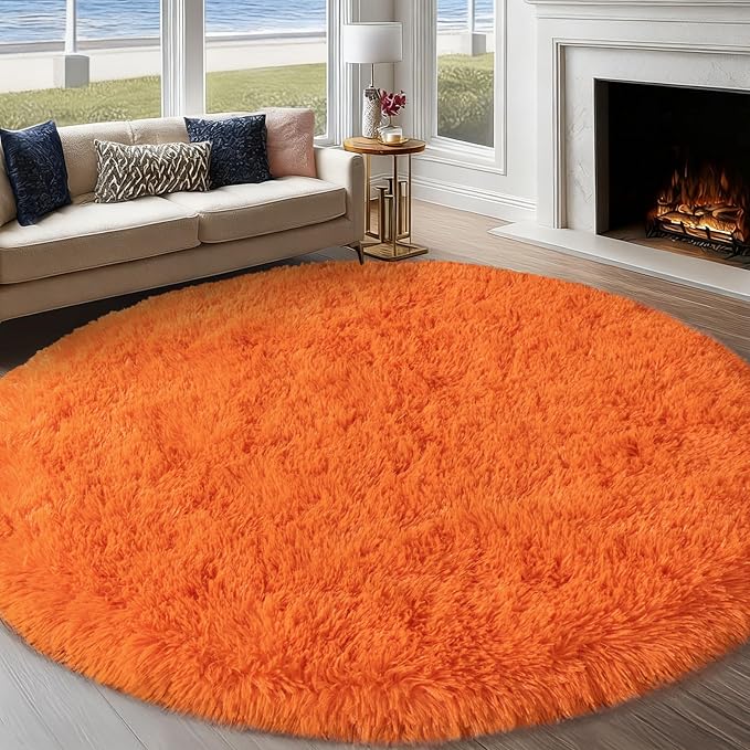 Round Orange Rug for Bedroom, 8 ft Circle Area Rugs for Living Room, Soft Large Fluffy Shag Carpet for Teen Girls Boys Nursery Room Dorm Home Decor Aesthetic