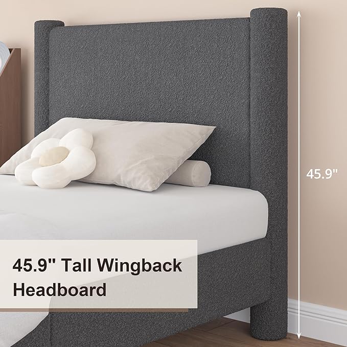 Full Size Bed Frame, Boucle Upholstered Platform Bed with Headboard and Footboard, Soft Rounded Corners, No Box Spring Required, Easy Assembly, Dark Grey
