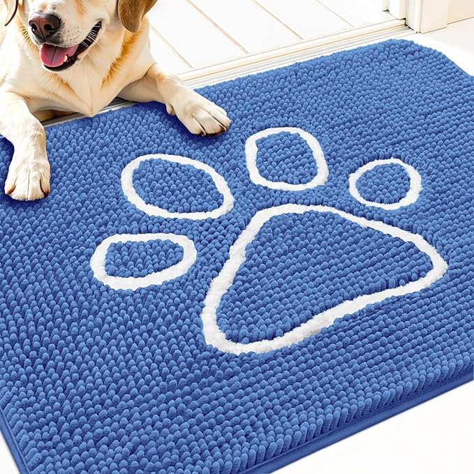 OLANLY Dog Door Mat for Muddy Paws 30x20, Paw Print Design, Absorbs Moisture and Dirt, Absorbent Non-Slip Washable Doormat, Quick Dry Chenille Mud Mat, Entry Indoor Entryway Carpet, Cornflower Blue