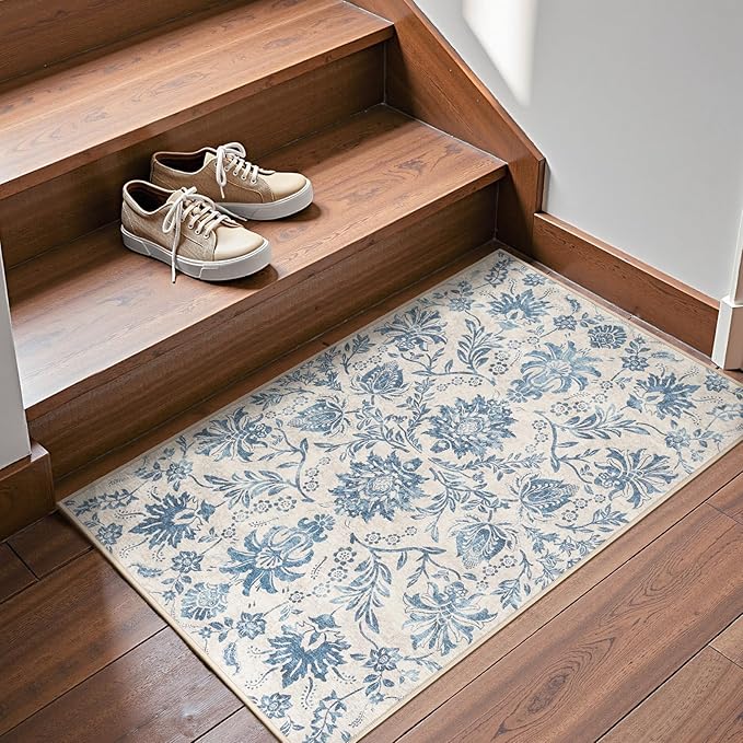 jinchan Torino 2x3 Washable Rugs for Entryway, Vintage-Inspired Floral Design Non-Slip Low-Pile Doormat, Ultra-Thin Indoor Traditional Accent Carpet for Entrance Kitchen Bathroom Bedroom, Dark Blue