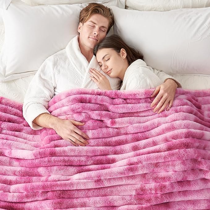 Cozy Bliss Faux Fur Throw Blanket for Couch, Cozy Warm Plush Striped Blanket for Sofa Bedroom Living Room, 108 * 90 Inches Tie-dye Pink