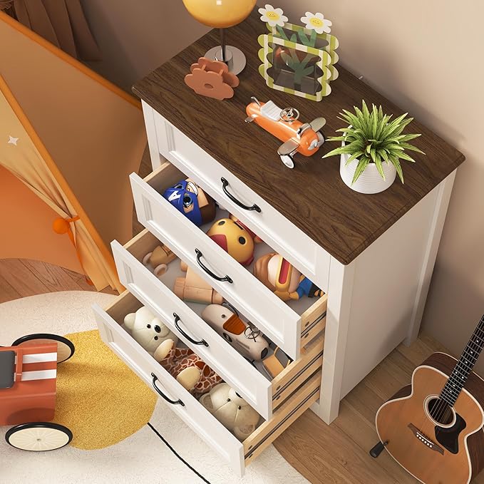Gizoon Dresser for Bedroom with 4 Drawers Wooden Chest of Drawers for Closet Dresser Storage Unit Organizer for Hallway Living Room and Office, White and Rustic
