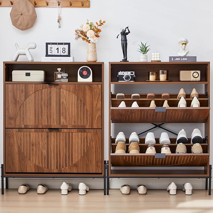 47" Fluted Large Shoe Cabinet with 4 Flip Drawers, Slim Freestanding Shoe Cabinet Organizer, Narrow Shoes Storage Rack for Entryway, 5 Sturdy Legs (All Walnut-2 drawers, 9.45"D x 31.5"W x 41.93"H)
