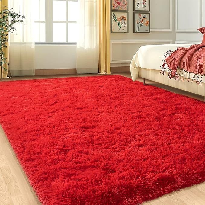Soft Red Rugs for Bedroom, 4x6 Fluffy Fuzzy Shaggy Rugs for Living Room, Non-Slip Bedside Shag Rug Carpet for Kids Room Nursery Dorm Home Decor