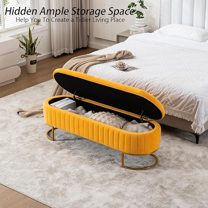 Velvet Storage Bench for Bedroom, Modern Tufted End of Bed Bench for King Size Bed, Upholstered Long Ottoman Bench with Gold Legs for Living Room/Entryway (Mustard Yellow, 55" W)