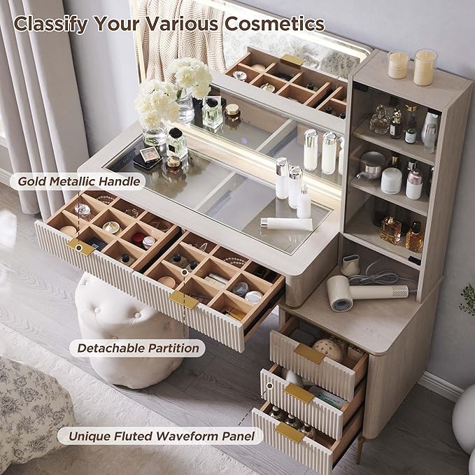 T4TREAM Fluted Makeup Vanity Desk with 36" HD Lighted Mirror, 48" Big Modern Vanity Desk with Mirror and Lights, Dressing Table with 5 Drawers & Shelves, Glass Top for Bedroom (Alder White)