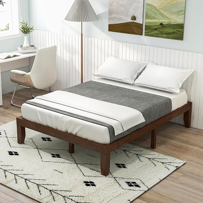 Giantex 14 Inch Full Platform Bed Frame, Minimalist Style Mattress Foundation with Solid Rubber Wood, Heavy Duty Wood Slat Support, Without Headboard, Easy Assembly, No Box Spring Needed,Walnut