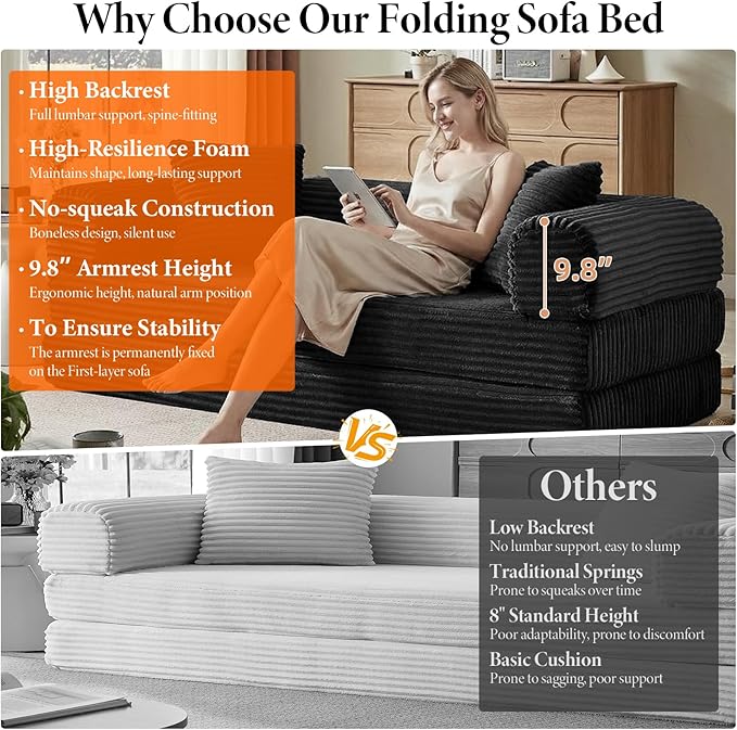 Convertible Futon Sofa Bed, Fold Out Floor Sofa Couch with Sleeper Sofa,Folding Boneless Couches with Deep Seat,Cloud Corduroy Foldable Mattress Couch for Living Room (Black)