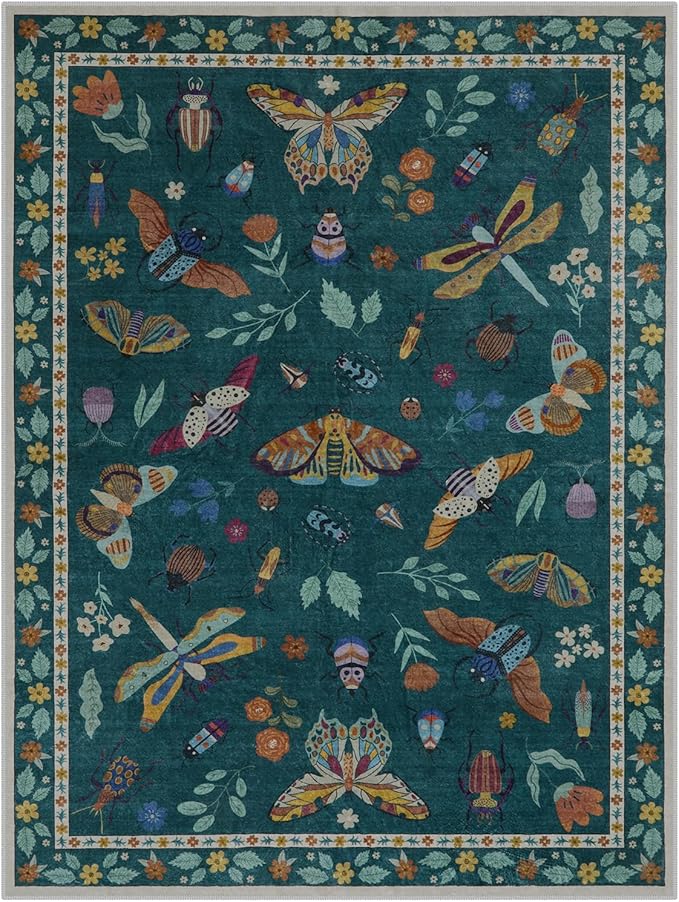 Lahome Insect 9x12 Area Rugs for Living Room Bedroom, Soft Washable Rugs 9x12 Stain Resistant, Ultra-Thin Non-Slip Non-Shedding Accent Carpet for Dining Room Office, Dark Green