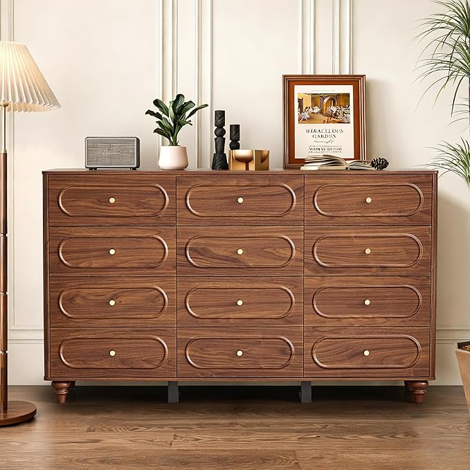 12 Drawer Fluted Dresser for Bedroom, Mid Century Modern Chest of Drawers, Wood Storage Small Dresser Organizer for Bedroom Living Room Hallway Closet, Walnut