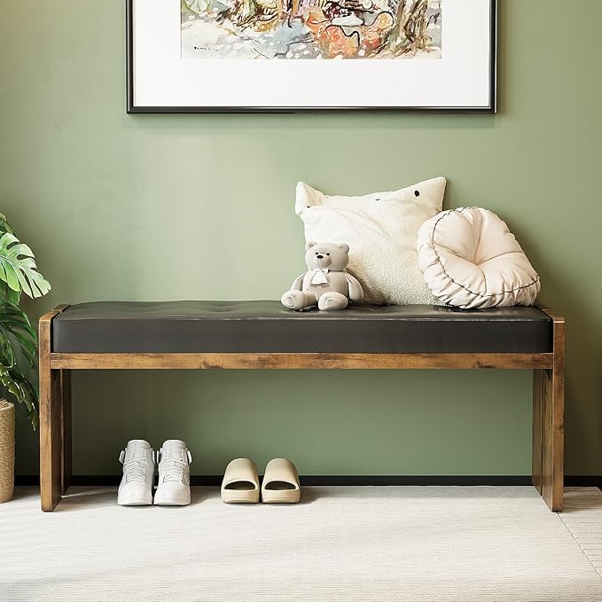 Upholstered Dining Room Bench, Ottoman Bench with PU Leather Padded Seat, Bedroom Bench, Hallway Bench, Entryway Bench for Kitchen, Living Room, Hallway, Entryway, Brown and Black