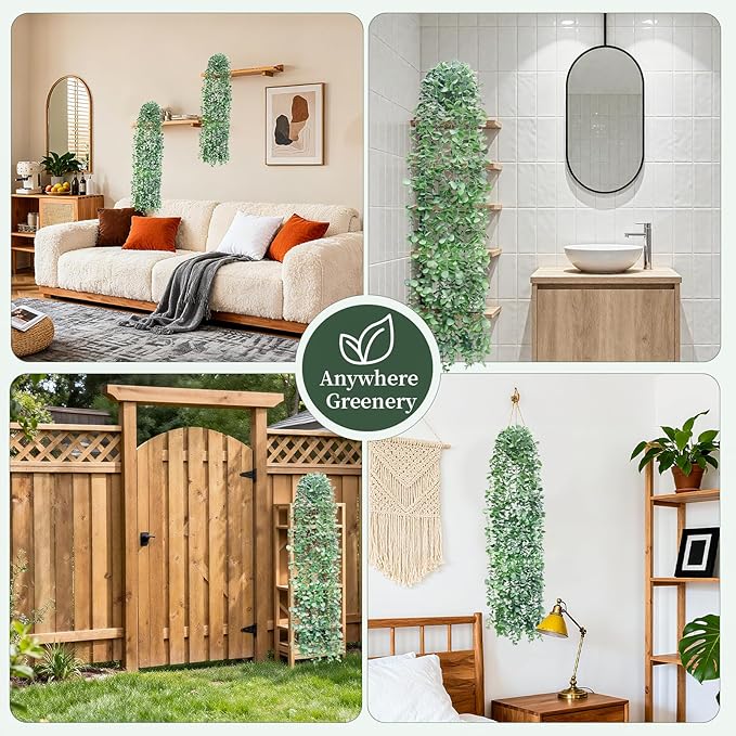 Artificial Hanging Plants for Shelf, Fake Potted Greenery 2-Pack Faux Eucalyptus Vine in Black Pot, Décor for Office Living Room Bathroom Indoor Outdoor