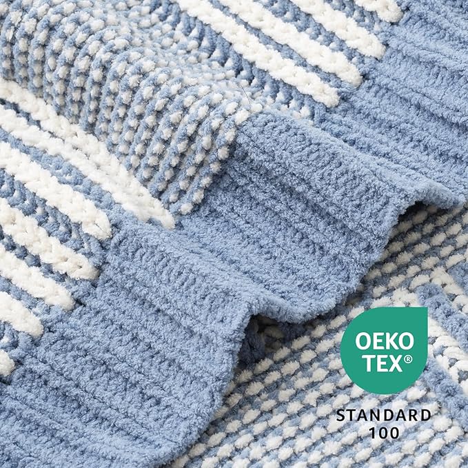 Amélie Home Checkered Knit Throw Blanket for Couch, Chenille Texture Decorative Soft Blanket for Sofa & Chair, 50"x60", Blue & White