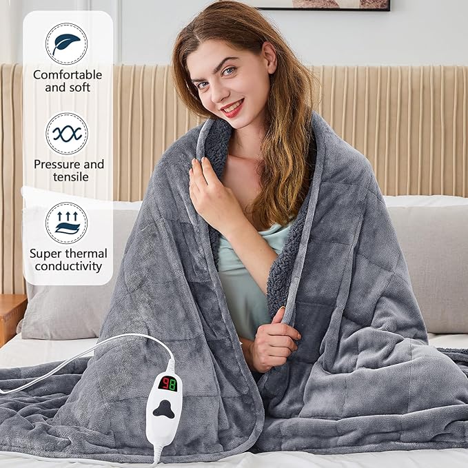CYMULA Heated Weighted Blanket for Adults, Weighted Heated Blanket 48" x 72", 15lbs Sherpa Fleece Weighted Electric Blanket Soft Heating Blanket with 10 Heating Levels & 1-8 Hours Auto Off, Light Gray