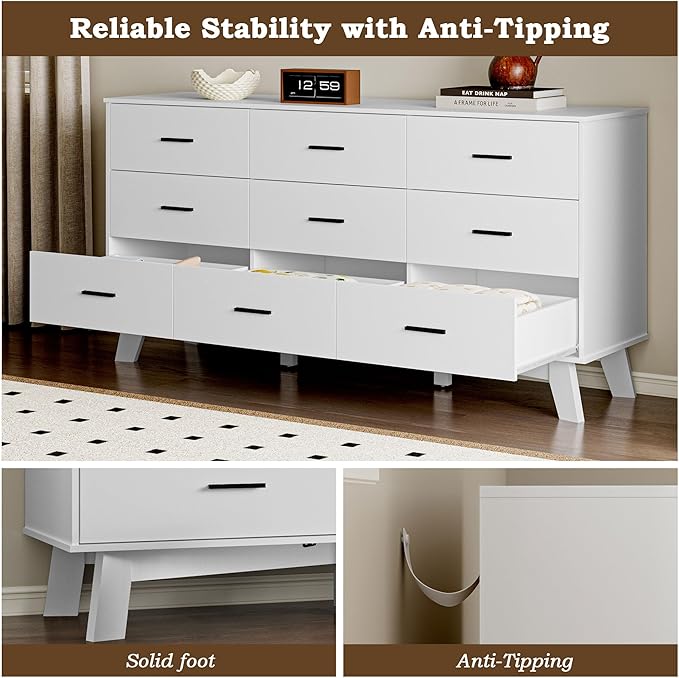 Dresser for Bedroom with 9-Drawer, 59" Wide Modern Chest of Drawers with Metal Handles, X-Shape Base & Adjustable Center Leg, Anti-Tip Closet Organizers and Storage