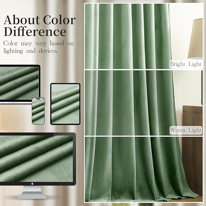 AUSSPVOCT Sage Green Velvet Curtains 96 Inches for Bedroom, Thermal Insulated Super Soft Room Darkening Curtains Luxury Window Drapes for Living Room Nursery, Back Tab Rod Pocket, W52 x L96, 2 Panels