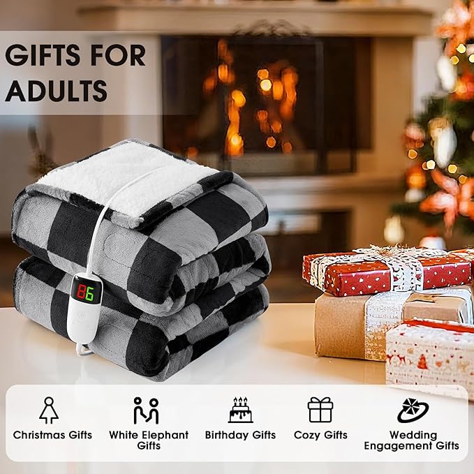 Heated Electric Blanketc Throw, 50X60 Heating Blanket with 10 Heat Level & 8 Hours Auto Off for Lap, Black Gray Checkered Plaid Soft Sherpa Blankets Warmer Gifts for Couch Grandma Women Adults