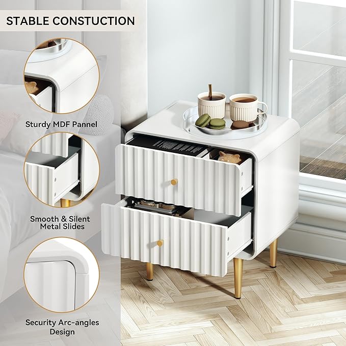 HLR Modern Nightstand, Fluted Bed Side Table with 2 Drawers Storage, Wood End Table with Gold Metal Handle, White Night Stands for Bedroom