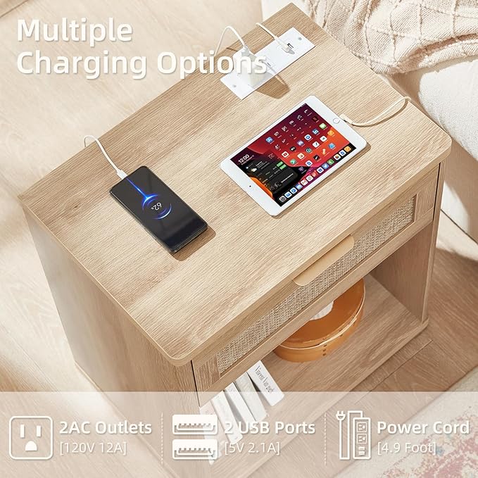 LEYAOYAO Rattan Dresser and Nightstand Set of 3, Boho Wood Dresser for Bedroom with 6 Drawers and Night Stand with Charging Station, Bedroom Furniture, Dressers & Chests of Drawers,Hallway,Living Room