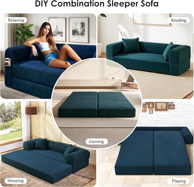 80" Convertible Sofa Bed, Corduroy Deep Seat Folding Pull Out Couch with Pillows, No Assembly Modern Boneless Couch Compression Sofa in Box, Floor Sofa with Storage Pocket for Living Room,Dark Blue