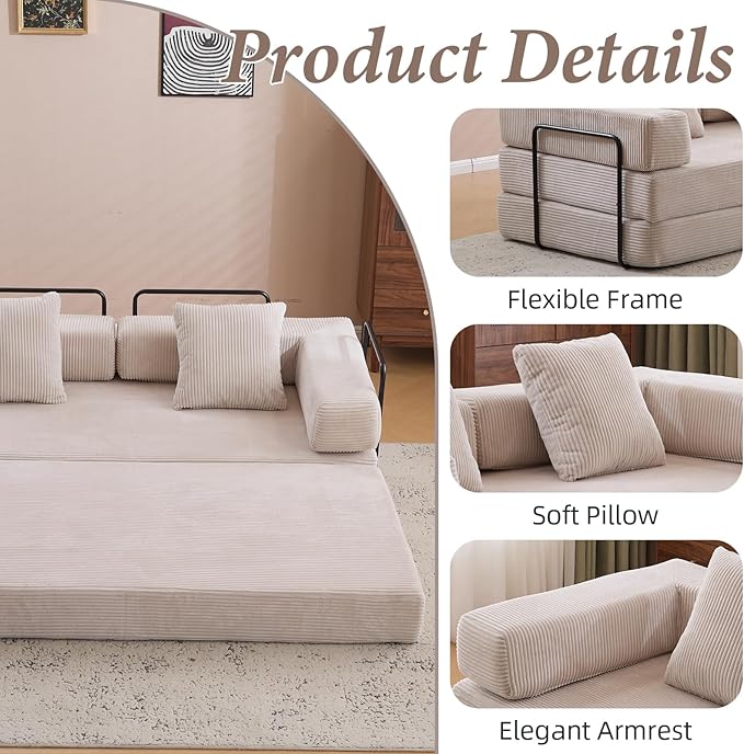 4-in-1 Convertible Folding Sleeper Sofa Bed, Fold Out Floor Sofa Couch with Fixed-Shape Frame, Cloud Corduroy Foldable Mattress Couch for Living Room Bedroom (77" Corduroy, Light Grey)