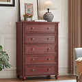 Farmhouse 5 Drawers Dresser for Bedroom, Wood 45" Tall Dressers Chest of Drawers, Kids Dresser Rustic Storage Dressers Organizer with Metal Handle Closet for Living Room, Hallway, Red Oak