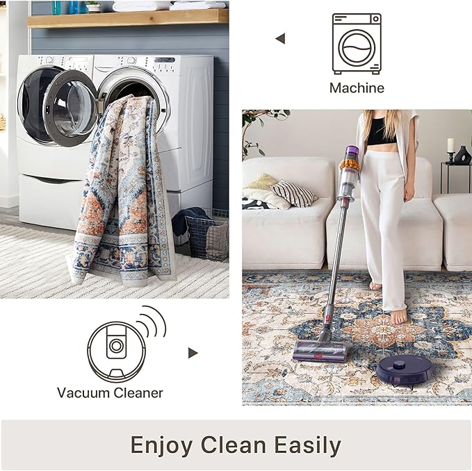 vivorug 3x5 Rug, Boho Small Area Rug for Living Room, Bedroom, Kitchen, Machine Washable Non-Slip Throw Rug, Vintage Floral Carpet for Entryway Nursery Coffee Table - Durable (Orange/Navy)