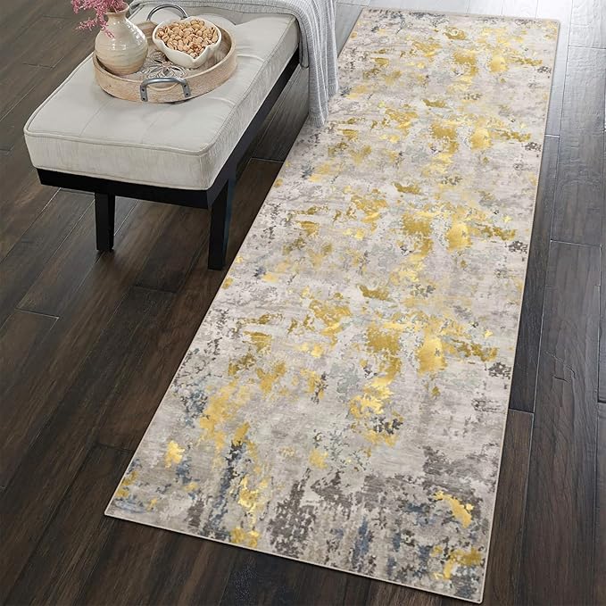vivorug Runner Rug 2x10 Machine Washable Rug with Non-Slip Backing, Ideal for Kitchen Hallway Entryway Laundry Room - Modern Abstract, Durable, Easy Clean, Low Pile Carpet Runner, Grey/Mustard