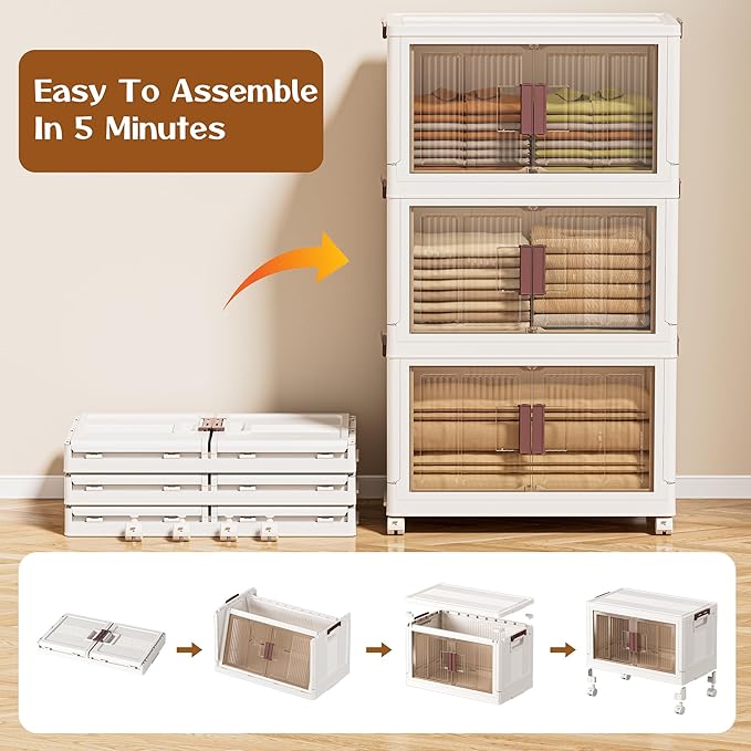 45GAL/180QT 3 tier large stackable storage bins with lid and wheels, collapsible storage bins plastic with doors，suit for clothes, closet, home and office