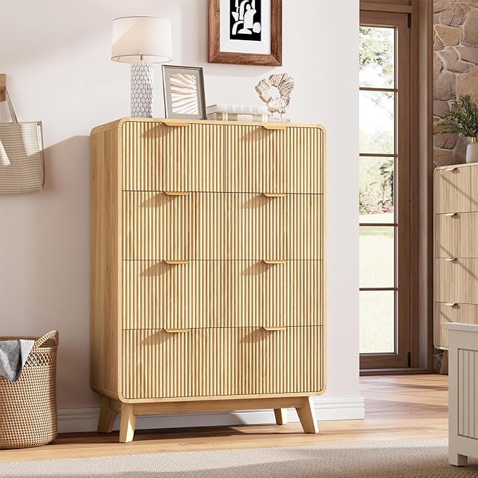 QUW Fluted Dresser for Bedroom with 5 Drawers, Modern 40.2" Tall Drawer Dressers with Metal Handle, Wooden Chest of Dresser for Living Room, Hallway, Natural Oak