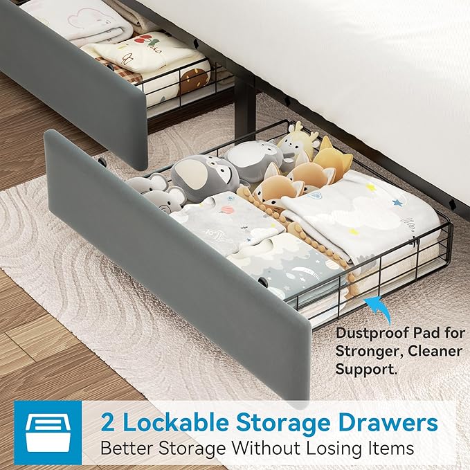 Full Upholstered LED Bed Frame with 2 Storage Drawers and 2-Tier Storage Headboard, Velvet Platform Bed with Charging Station & Bookcase, Heavy Duty Metal Support, No Box Spring Needed, Grey