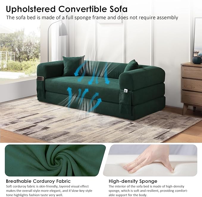 80" Convertible Sofa Bed, Corduroy Deep Seat Folding Pull Out Couch with Pillows, No Assembly Modern Boneless Couch Compression Sofa in Box, Floor Sofa with Storage Pocket for Living Room,Dark Green