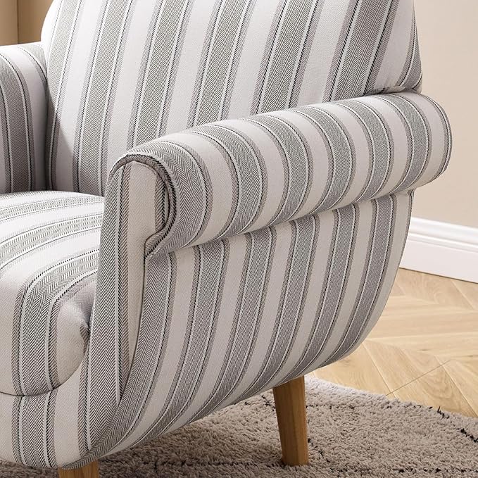 VANOMi Mid-Century Accent Chair with Stripe Pattern, Modern Linen Fabric Armchair with Wood Legs, Club Chair for Living Room, Comfy Upholstered Side Chairs for Bedroom, Reading, Small Place (Grey)