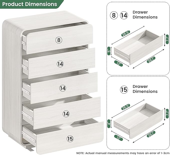 White 5 Drawers Dresser, Curved Dresser with Storage Organizer, Modern Drawer of Handleless, Large Chest of Drawers for Living Room, Nursery, Entryway, 29.5’’W