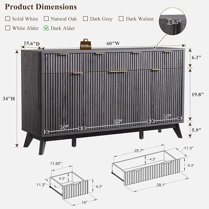 OKD Fluted Storage Cabinet with Drawers, 60" Morden Buffet Sideboard Coffee Bar Cabinet with 4 Doors and 3 Drawers for Dining Room, Living Room,Hallway (Dark Alder)