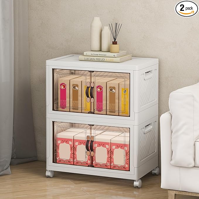 Storage Bins with Lids and Wheels, 90QT-45QT*2Tier Collapsible Bathroom Storage Cabinet with Clear Doors, Plastic Stackable Closet Organizers and Containers White