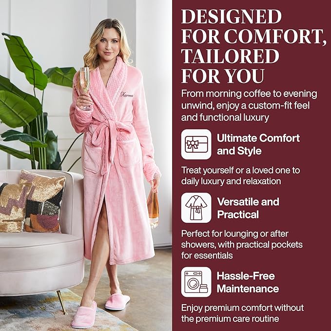 Lotus Linen Plush Robes for Women - Soft Bathrobe, Custom Monogram, Warm Fleece Robe with Pockets
